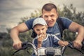 Father son riding motorcycle lifestyle biker portrait concept happy paternity fatherÃ¢â¬â¢s day